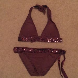 Brown bikini with sequined trim